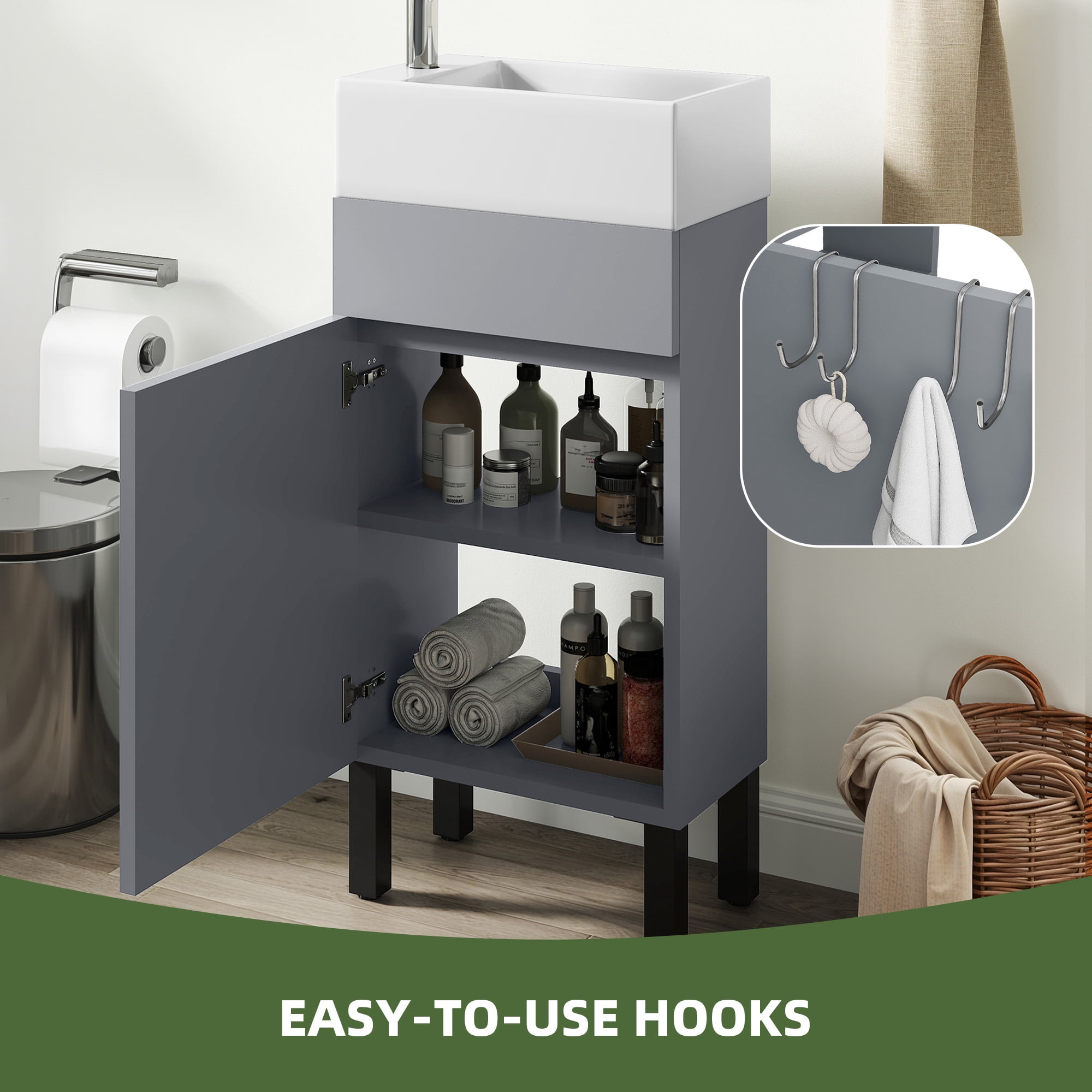 Uforic 16" Bathroom Vanity with Top Sink, Modern Free Standing Small Bathroom Storage Cabinet with Soft Close Door, Gray
