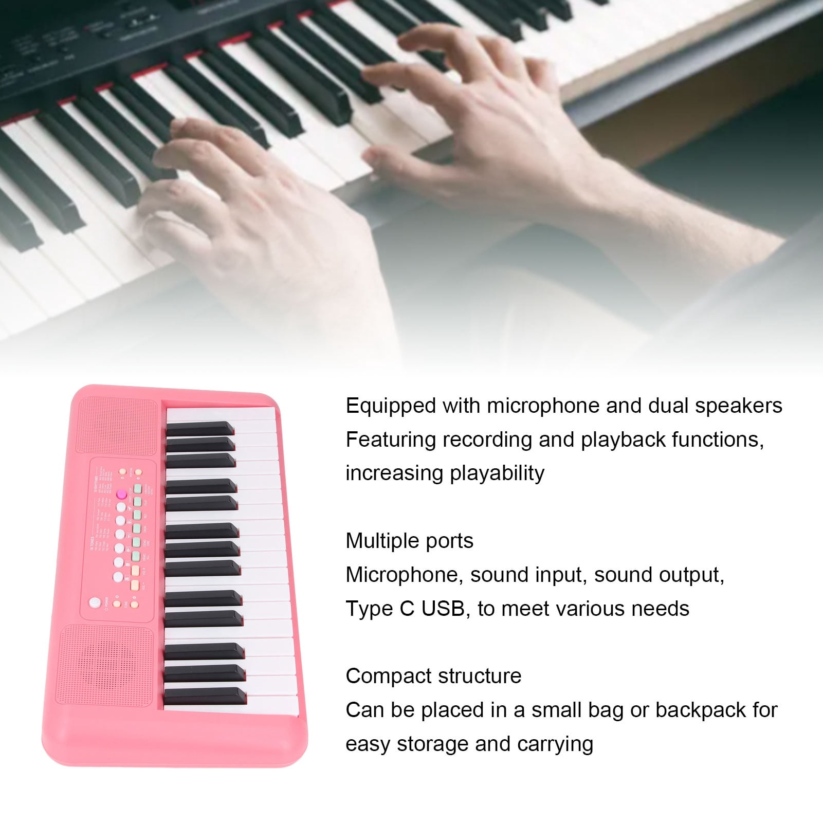 YAHHU 32 Key Portable Electronic Keyboard with Microphone 16 Tones 10 Rhythms Dual Speakers Battery/USB Powered for Kids Beginners Strawberry Red (17.32 inches / 44 cm)