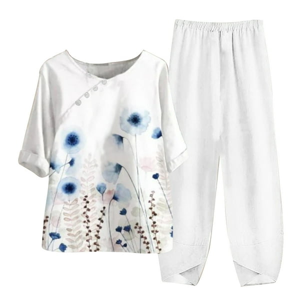 yievot Two Piece Outfits for Women Summer Cotton Linen 3/4 Sleeve