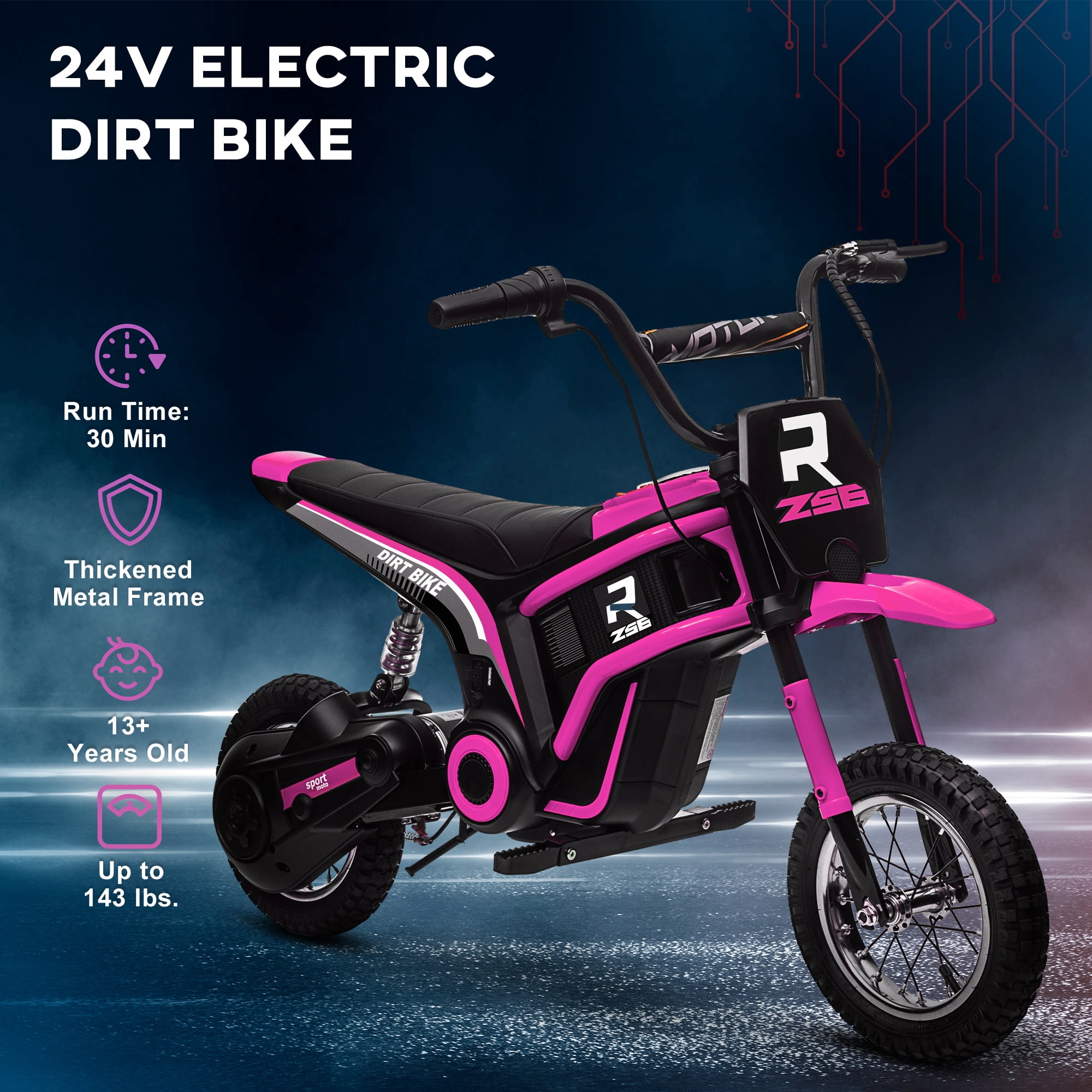 Aosom Electric Dirt Bike with Twist Grip Throttle, 24V 350W Electric Motorcycle, Up to 15 MPH with Music Horn, Rear Suspension for 13+ Years, Pink