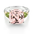 thumbnail image 2 of Gem Stone King 925 Silver and 10K Yellow Peach Nano Morganite and Green Peridot and Diamond Ring for Women (8.49 Cttw, 12MM Cushion and 5mm Trillion) (Size 5), 2 of 3