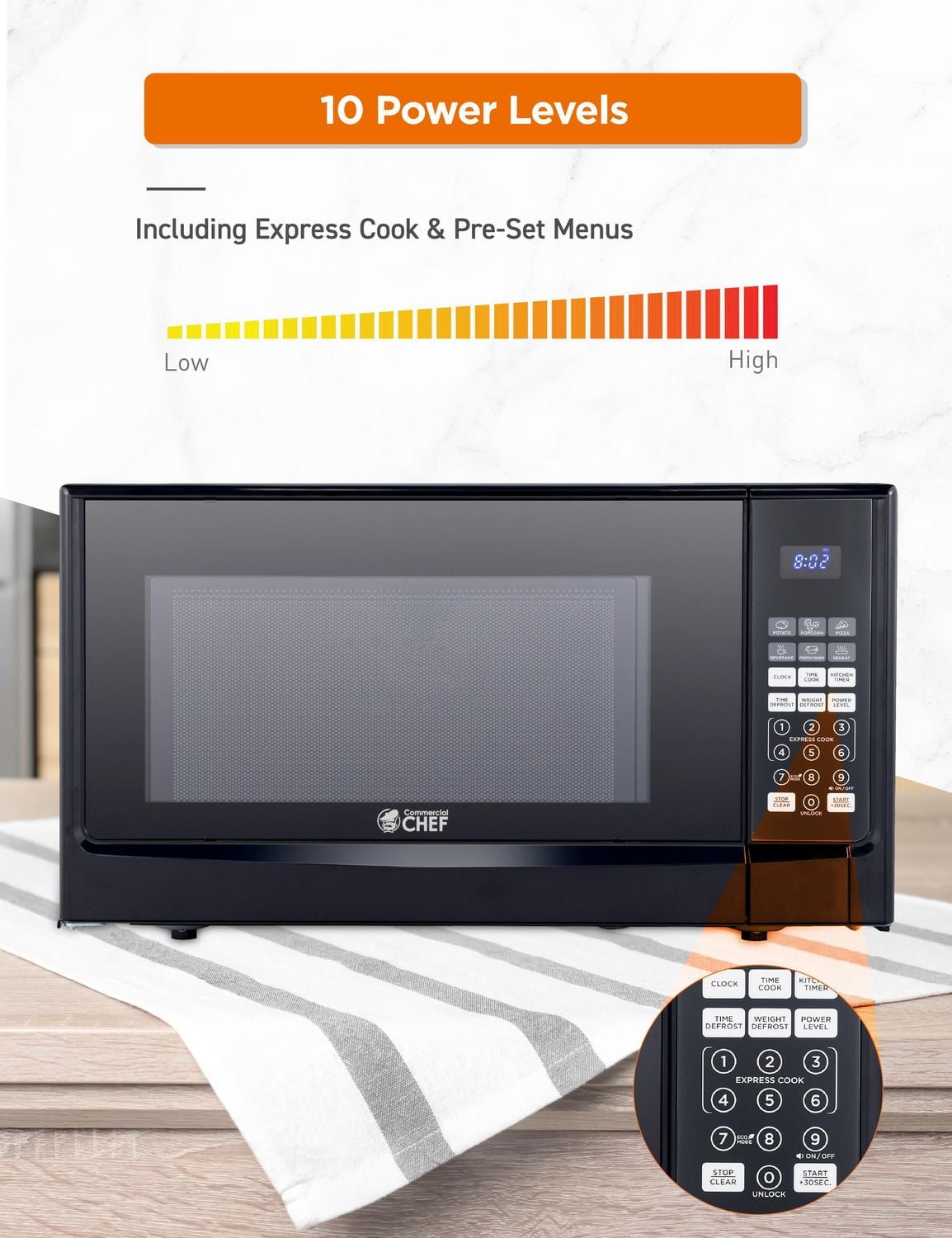 Micro-ondes Commercial Chef de 1,4 pied cube avec 10 niveaux de puissance, petit micro-ondes avec bouton-poussoir, micro-ondes de 1 100 watts avec panneaux de commande numériques