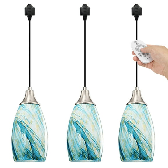 Kiven 3-Light H-Type track lighting pendants Dimmable,Modern h track pendant lights with Lake Blue Art Glass Lampsade,Decorative Track Lighting Fixture for Kitchen Island Hallway Restaurant