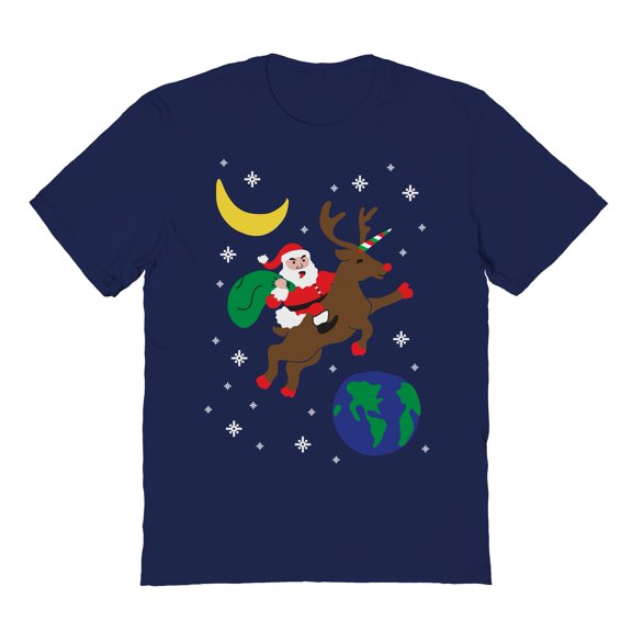 Christmas Holiday Space Santa Graphic Navy Men's Cotton T-Shirt