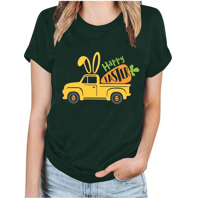 RKSTN Hauts Grande Taille pour Femmes Mode Été 2024 Col Rond Manches Courtes T-shirt Décontracté Ample Imprimé Graphique Voiture de Pâques