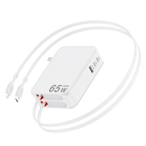 65W Retractable Wall Charger with Dual Cables 3.9ft,5 in 1 Retractable Phone Charger Wall Plug 3 USB Ports,USB C Charger Block Fast Charging for Phone 16/15/1,Galaxy,