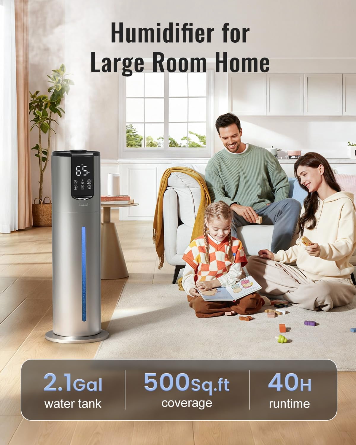 8L Ultrasonic Cool Mist Humidifier for Bedroom Large Room, Easy Clean Washable Parts, Grey