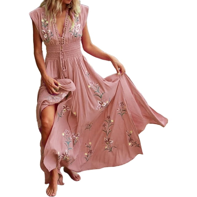 LUXUR Robe Évasée pour Femme Été Plage Longue Taille Fine Tunique Col en V Nœud Fleuri Robe d'Été Boho Robes Sans Manches Fluide Rose P