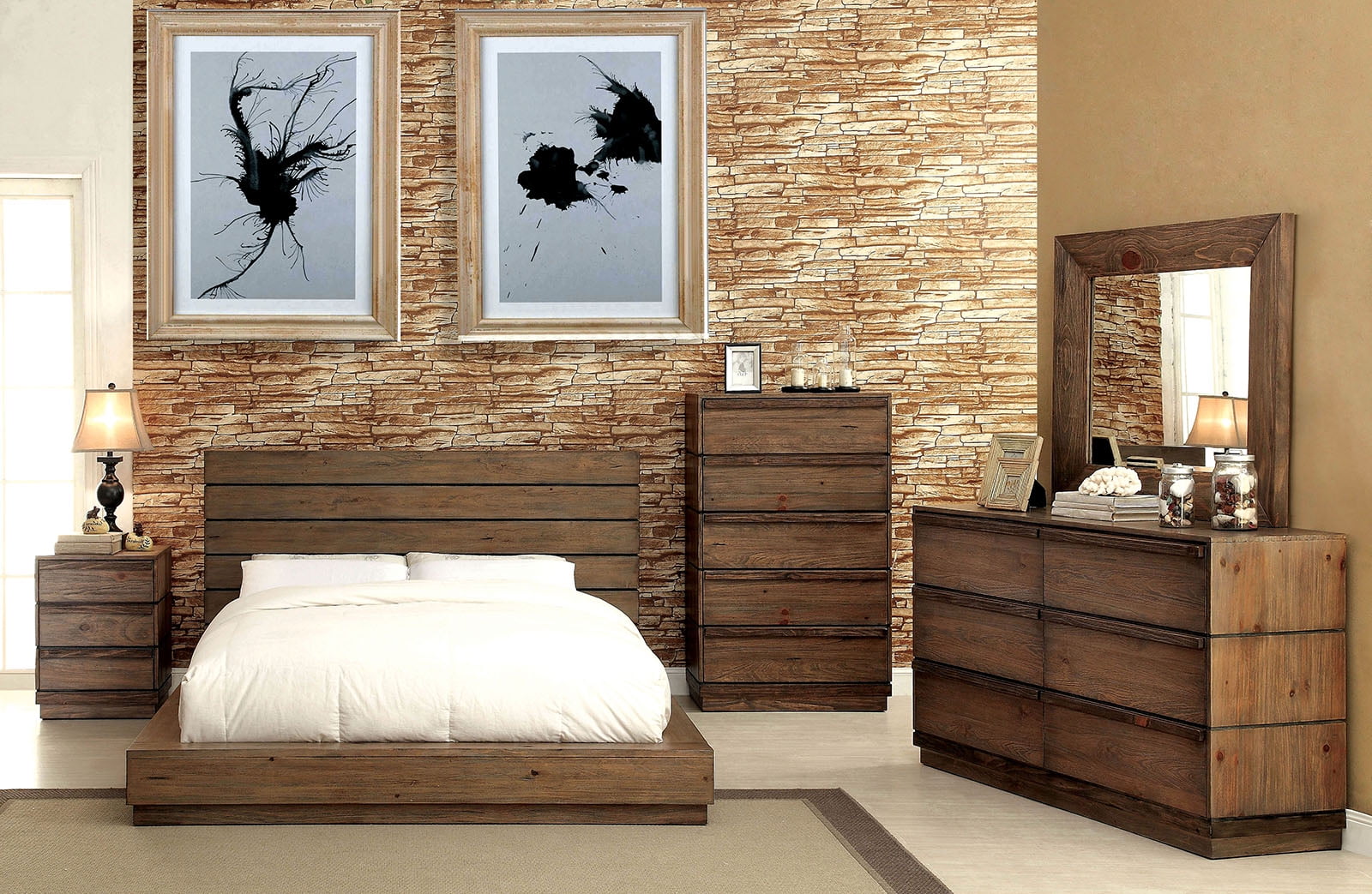 Modern Low Profile Bedframe California King Size Bed Dresser Mirror Nightstand 4pc Set Bedroom