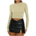 thumbnail image 1 of Besolor Hauts Courts d'Automne pour Femmes Col Rond Manches Longues Chemises Basiques Décontractées Ajustées pour Sortir, 1 of 7
