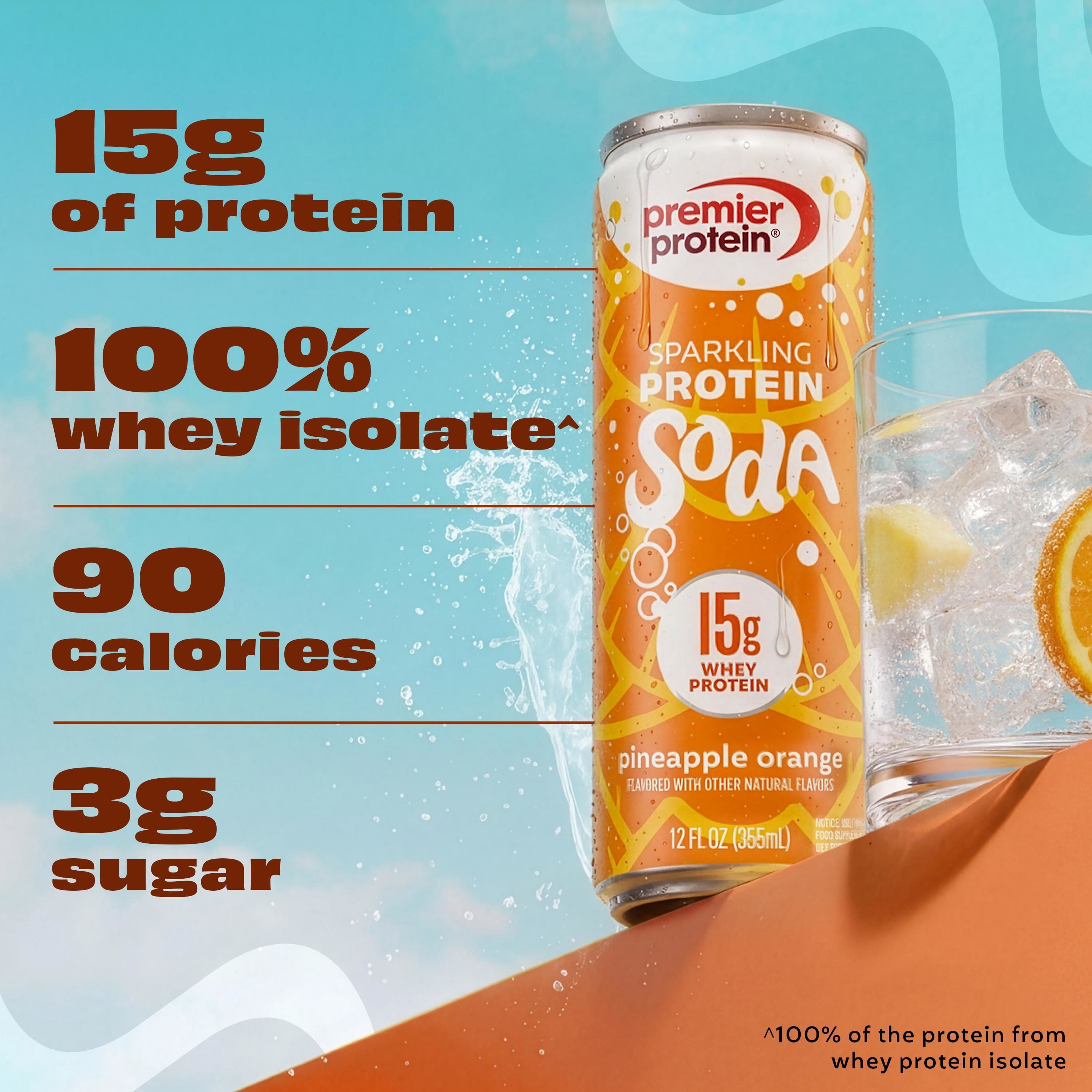 Premier Protein, Sparkling Protein Soda, 15g Protein, Pineapple Orange, 12 Fl Oz, 12 Ct