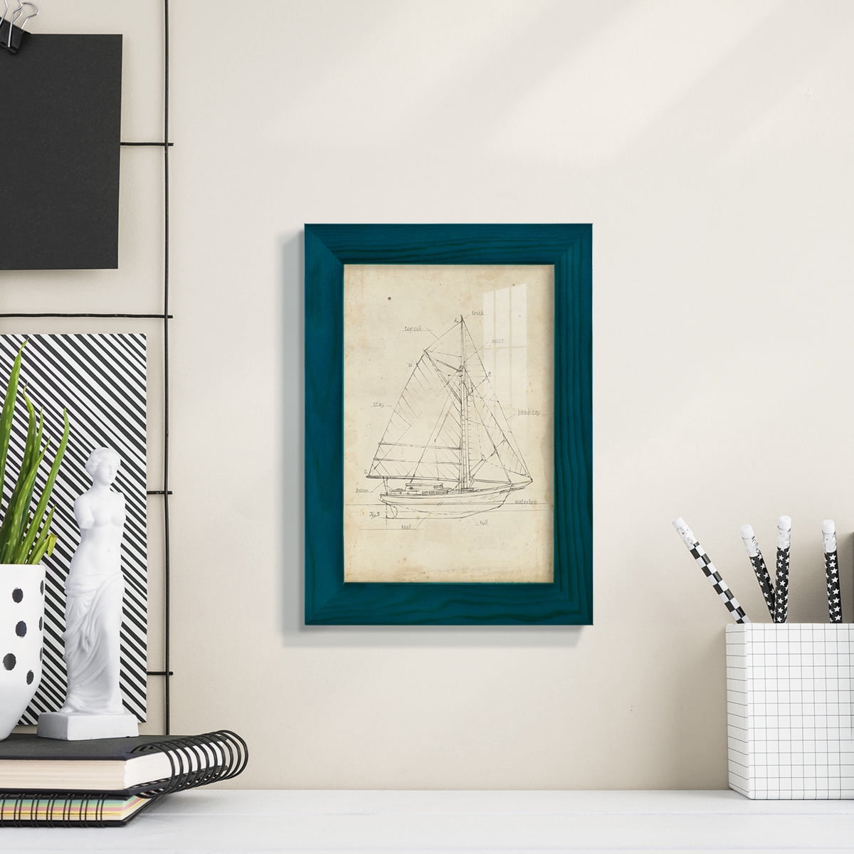 Sailboat Blueprint III -Framed Print w/glass-Ocean Blue