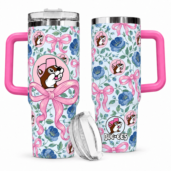 Buc-ee's 40oz Tumbler With Handle, Pink Coquette Bow Blue Floral Insulated Travel Cup