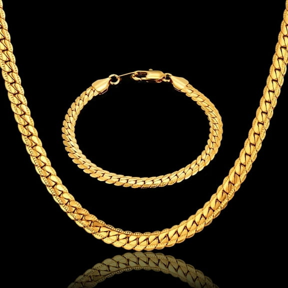 Punk Flat Snake Link Chain Set Male 14K Yellow Gold Necklace Bracelet Set For Men Vintage Jewelry Sets