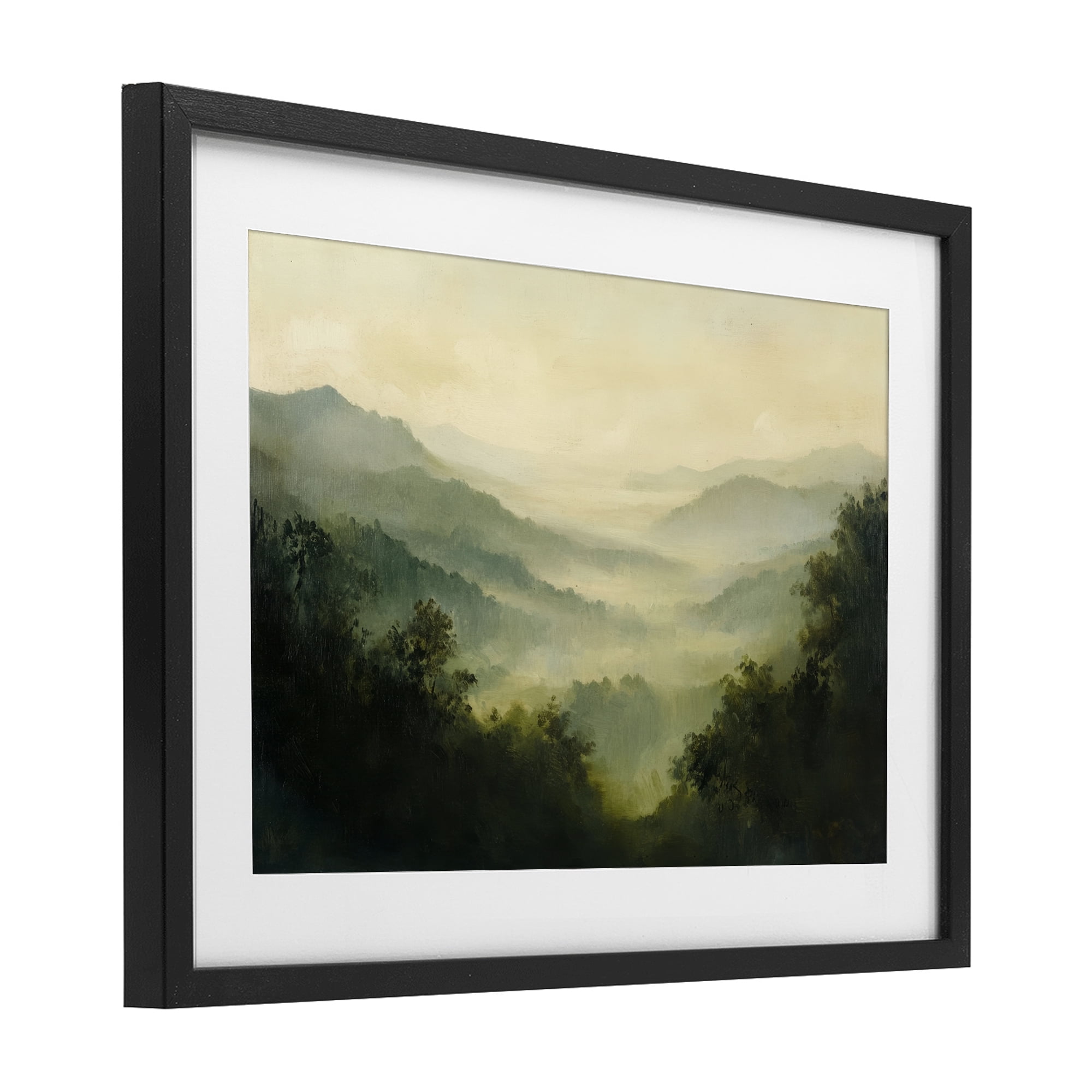 Through The Haze Landscape Black Framed Print Under Glass, design by Petal Prints Design
