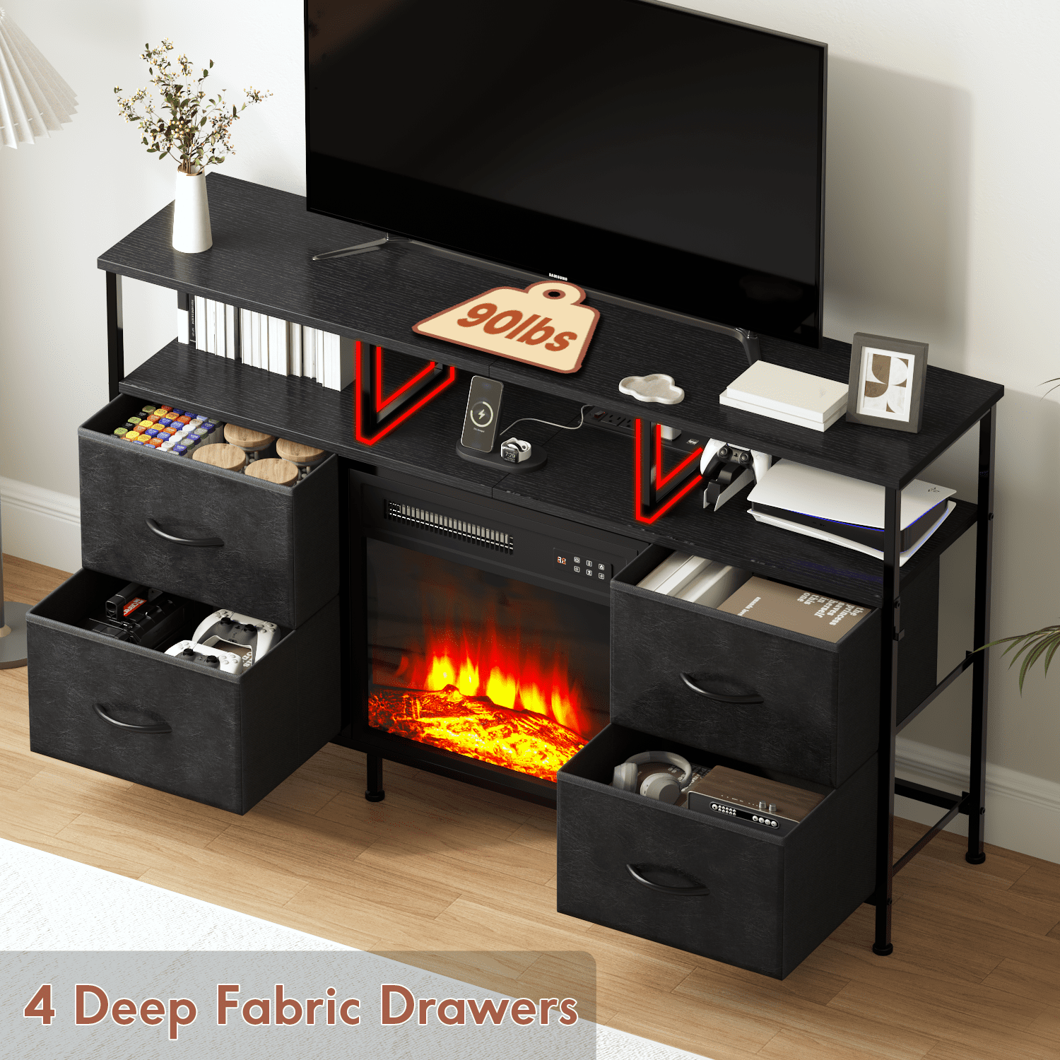 Waleaf Fireplace TV Stand with Fireplace, 49" Entertainment Center up to 55 inch TV,Dresser for Bedroom, Living Room with Power Outlets & LED Lights