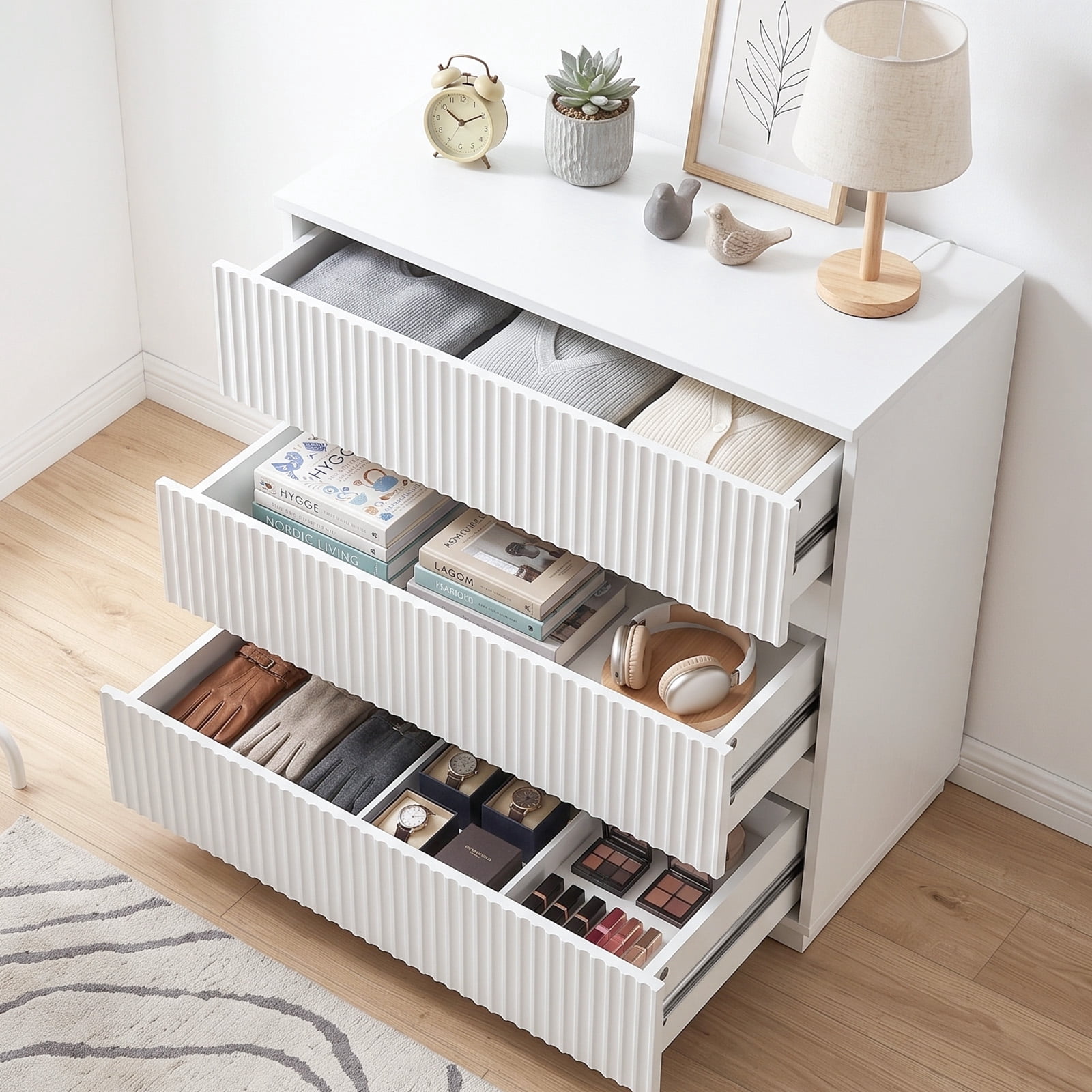 White 3-Drawer Nightstand, Handleless Grille Design, 23.62 x 12.99 x 22.05 in