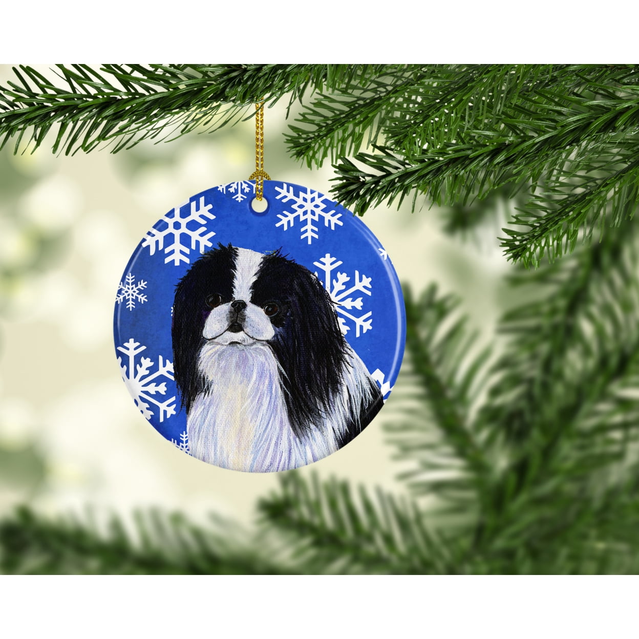 Carolines Treasures SS4605-CO1 Japanese Chin Winter Snowflakes Holiday Ceramic Ornament 3 in multicolor