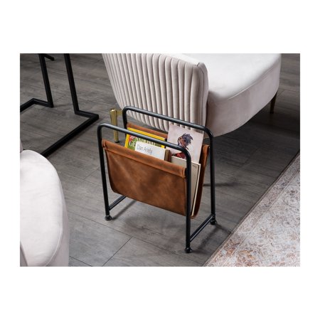 Icardi Freestanding Matte Black Metal Frame Leatharette Sling Magazine Holder Brown Leather
