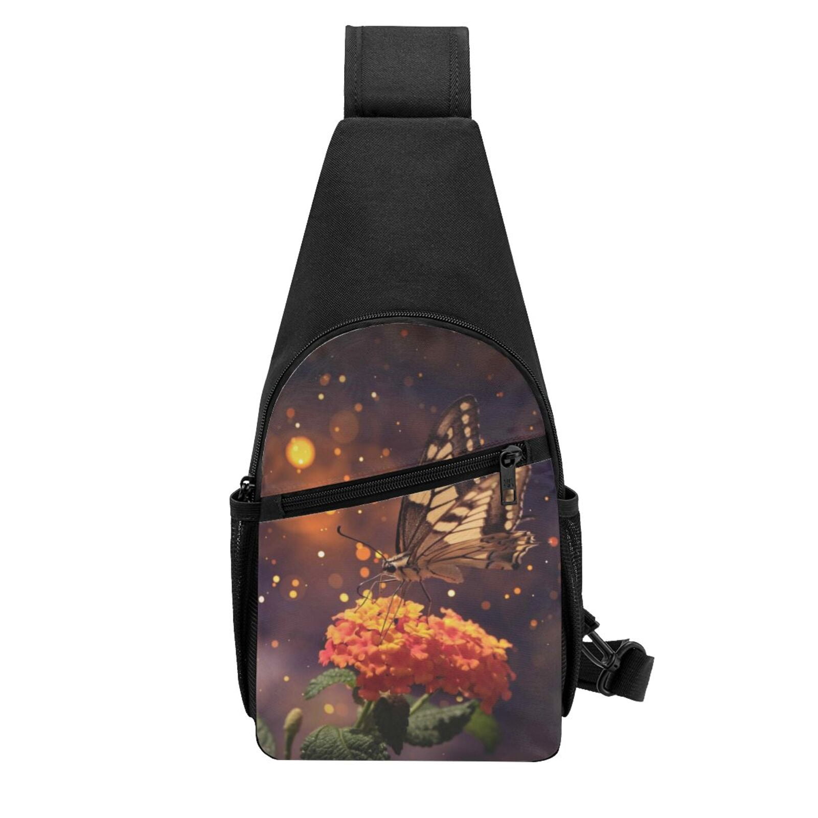 Xecao's Butterfly Sitting on a Flower Print Sling Bag: A Versatile Chest, Shoulder, and Crossbody Backpack for Casual Days Out, Perfect for Both Men and Women
