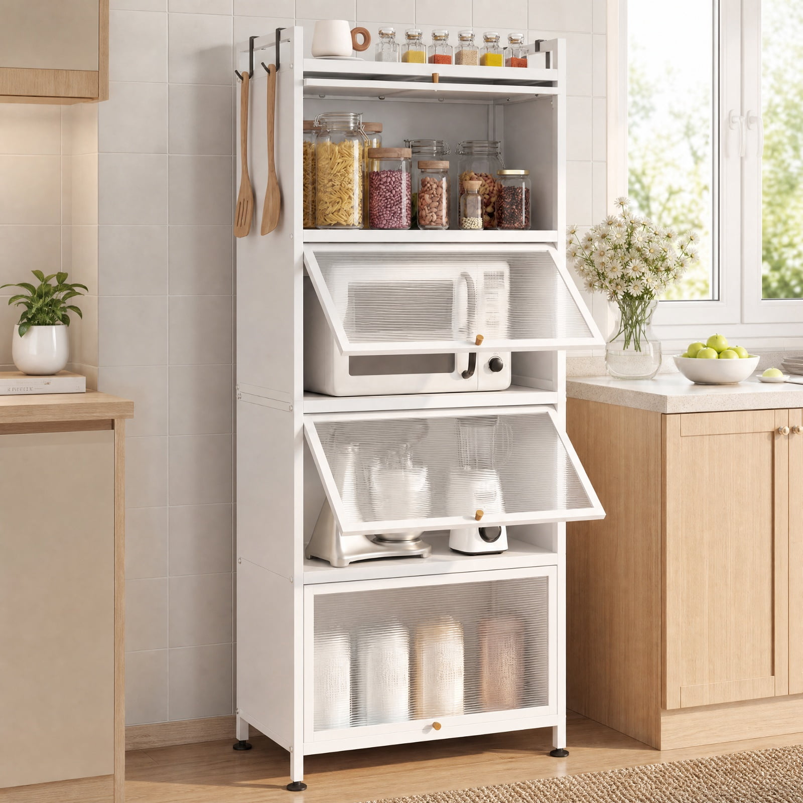 RUIE 5-Tier Kitchen Baker's Rack with Flip-up PC Doors, Rolling Storage Cabinet Pantry Organizer with Universal Wheels and Removable Hooks, White