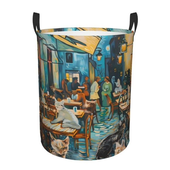 Balery Whimsical Cats Night Cafe Cesta de ropa redonda con asas, impermeable, independiente, para ropa, juguetes, dormitorio y familia-Small