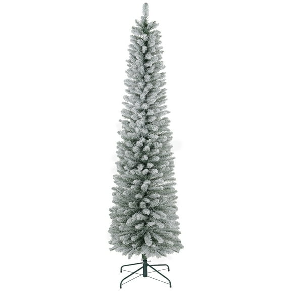 XiHuaZhaoChen Artificial Snow Flocked Christmas Tree, Unlit Pencil Hinged Pine Tree with Metal Stand, Slim Xmas Snowy Tree for Indoor and Outdoor Use