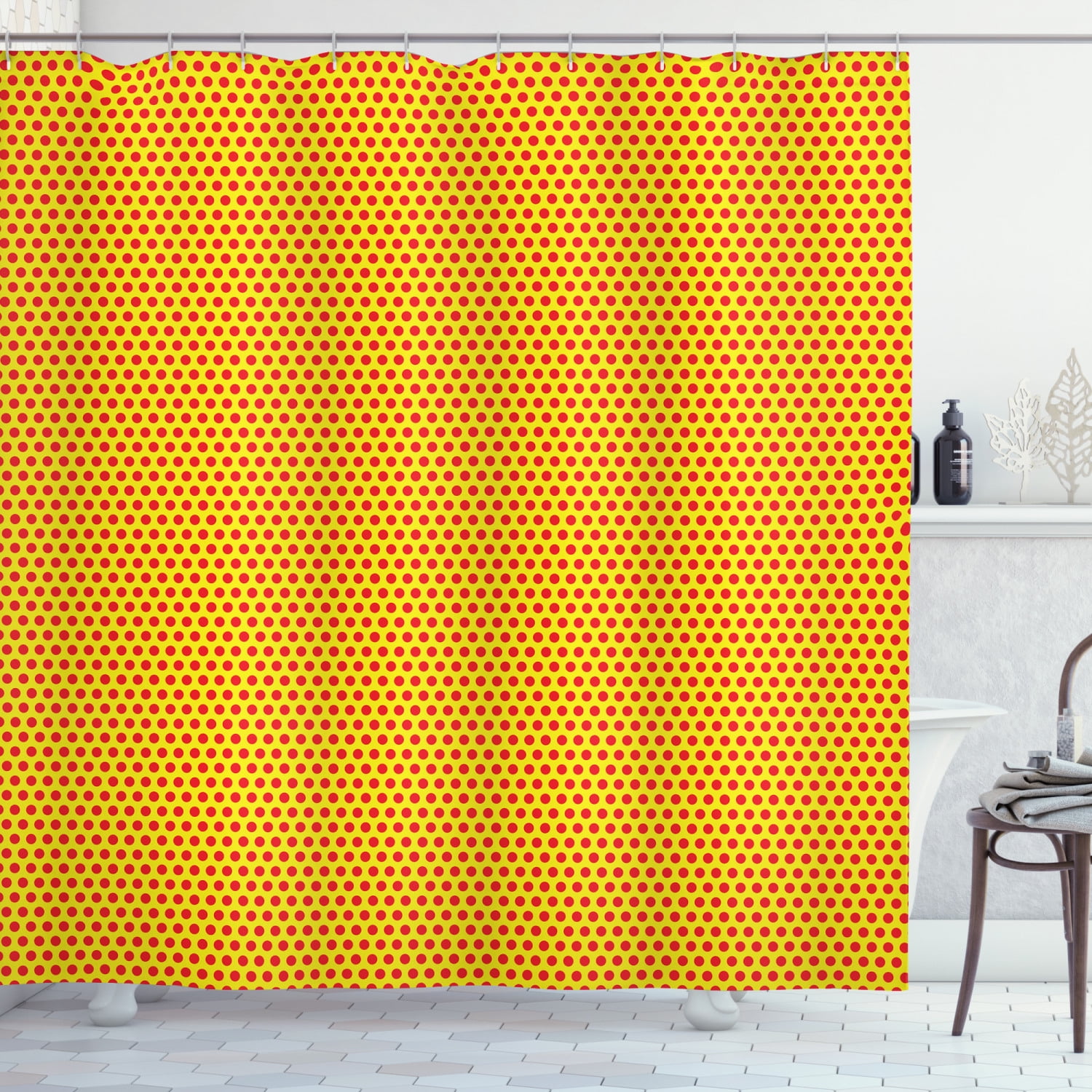 Retro Shower Curtain, Pop Art Pattern Style Polka Dotted Background Symbolic Print for 1960s Art