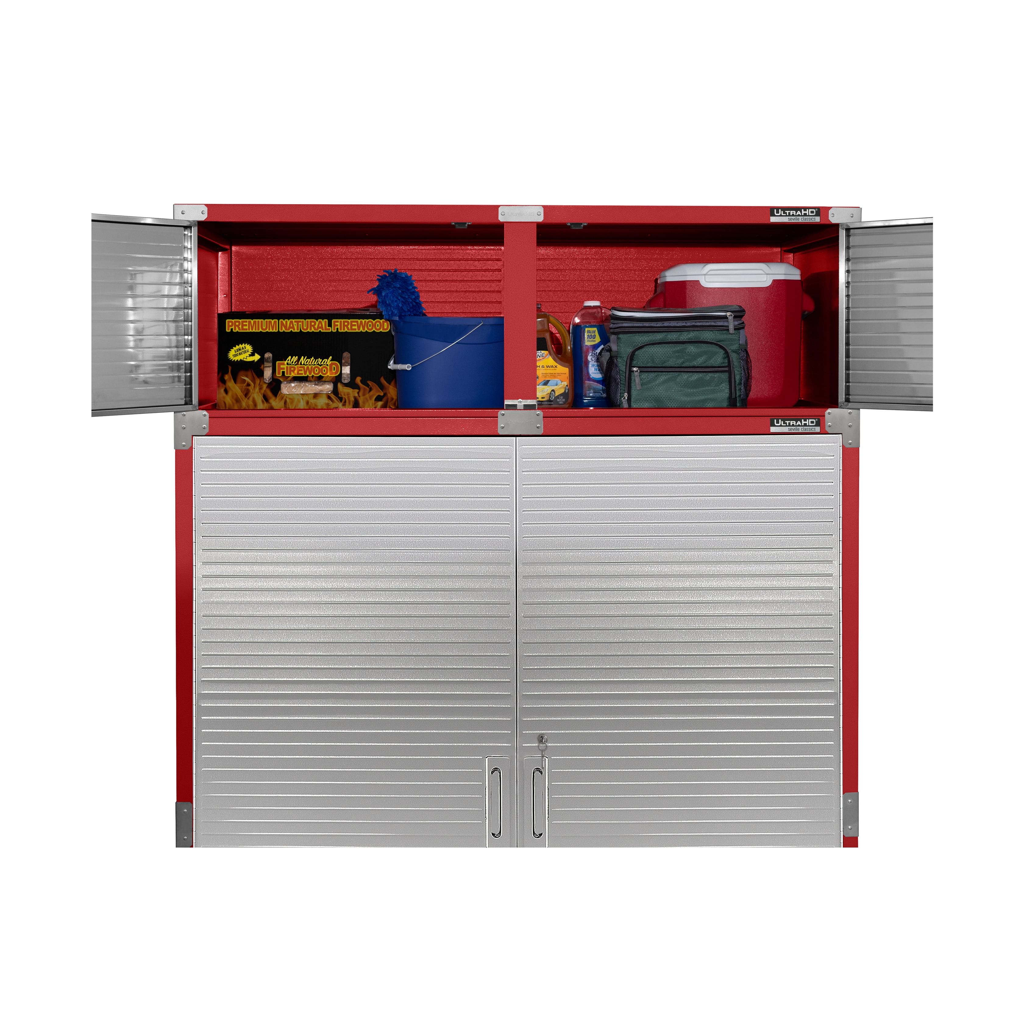 Seville Classics UltraHD® Stacking Top Steel Body Lockable Storage Cabinet Organizer Shelving Unit, 60" W x 24" D x 18.5" H, Red