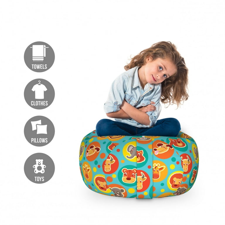 Cartoon Animal Storage Toy Bag Chair Comic Animal Faces on Colorful Dots Happy Fun Characters Stuffed Animal Organizer Washable Bag Small Size