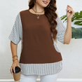 thumbnail image 4 of Top de verano para mujer Tallas grandes Cuello redondo Manga corta a rayas enrolladas Dobladillo a rayas Top 2 en 1 Marrón XL, 4 of 8
