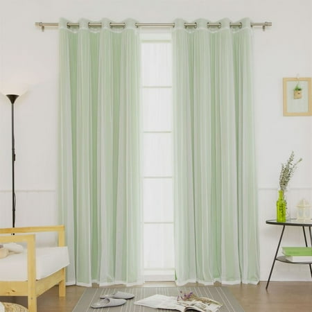 Best Home Fashion 4-Piece Gathered Tulle Sheer and Blackout Silver Grommet Curtain Panel