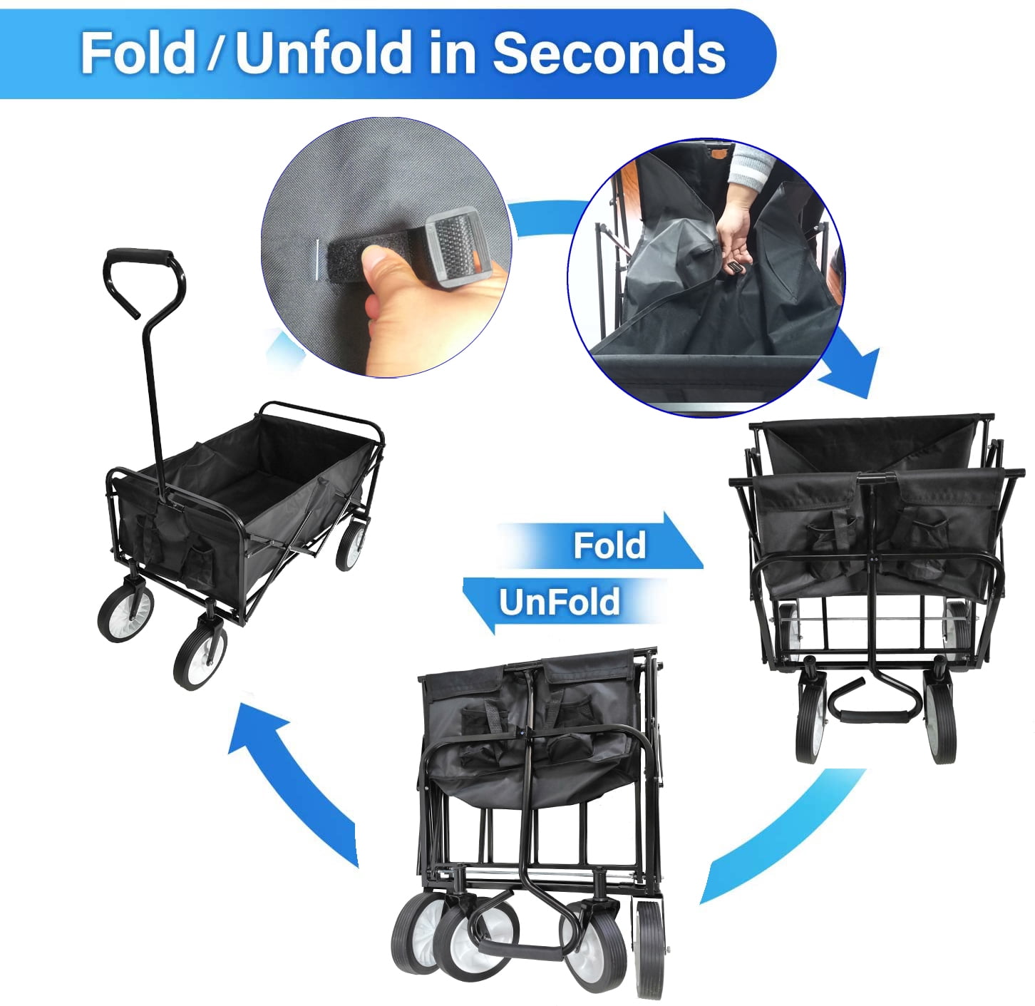Jump Into Fun Newest Collapsible Wagon Cart for Kids with Big Wheels, Push Bar, 2 Mesh Cup Holders, 200LBS Capacity Heavy Duty Utility Foldable Wagon Garden Cart for Yard, Black