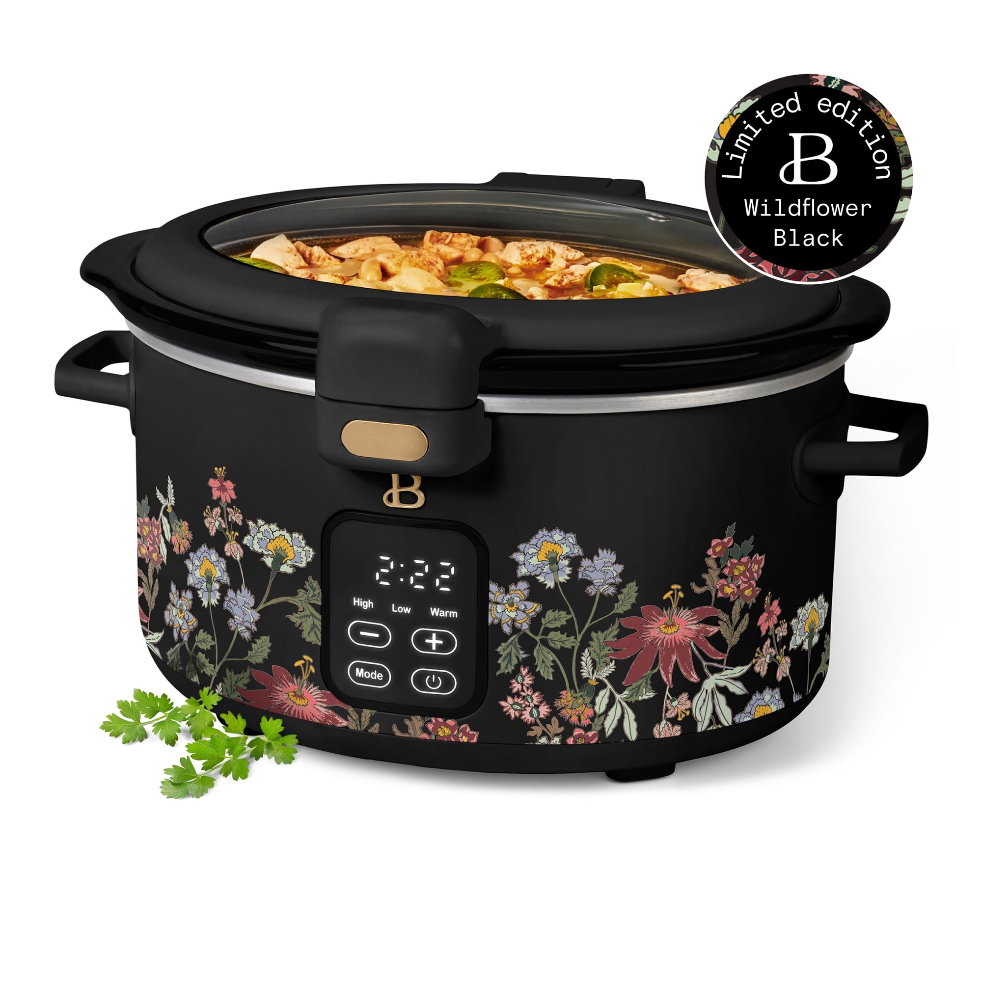 Beautiful 4 Qt Digital Slow Cooker with Hinged Locking Lid, Wildflower Black by Drew Barrymore