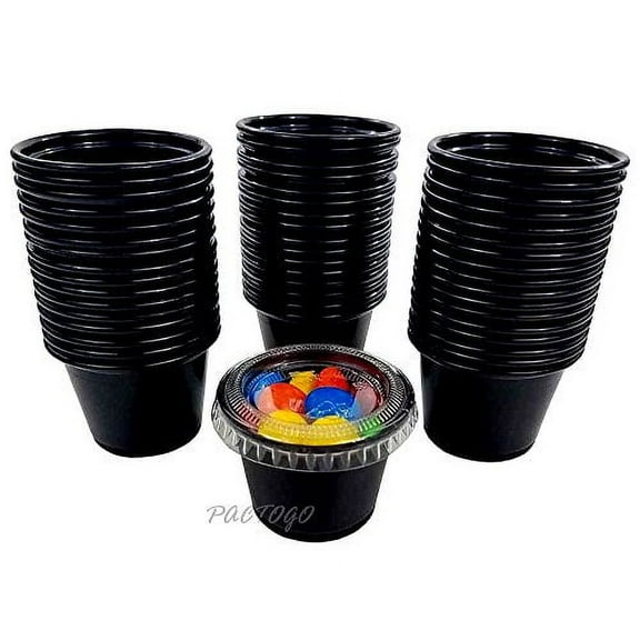 Empress 1 oz. BLACK Plastic Disposable Portion Souffle Container Food Cups with Lids (Pack of 500 Sets)