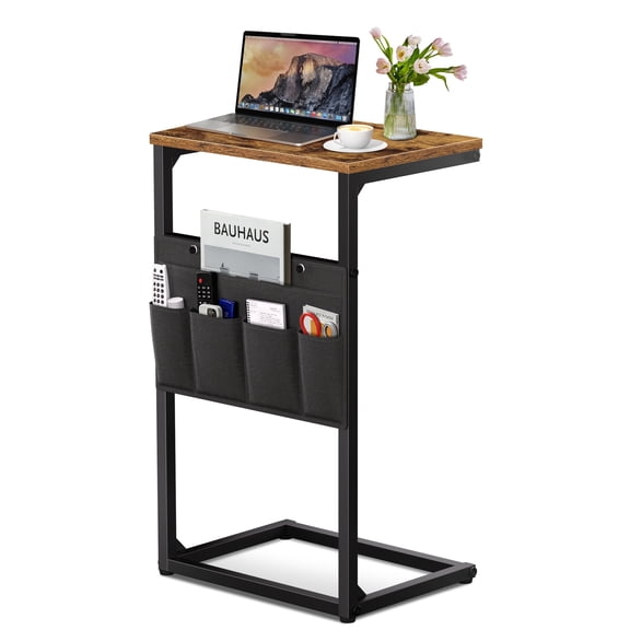 OUTON C Shaped Sofa Side Table, Small Slim End Table with Storage Bag, Couch Arm Table for Living Room, Black