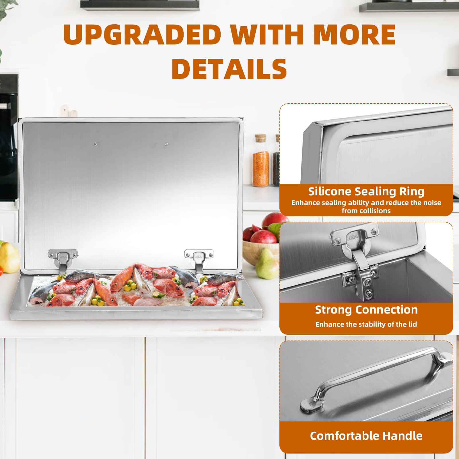 Luku Drop in Ice Chest, Stainless Steel Commercial Ice Bin with Hinged Cover, Outdoor Kitchen Ice Bar for Drinks
