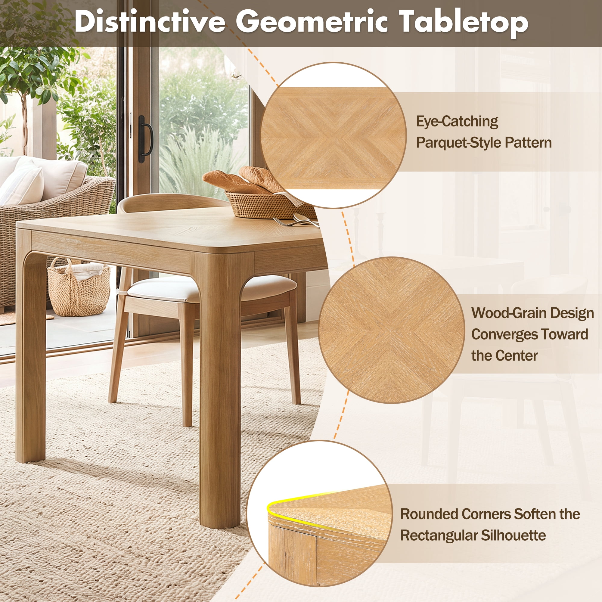 Euroco 60" Rectangular Dining Table for 4-6 Person,Farmhouse Wood Kitchen Table with Rounded Corners and Curved Leg for Kitchen Living Room,Natural