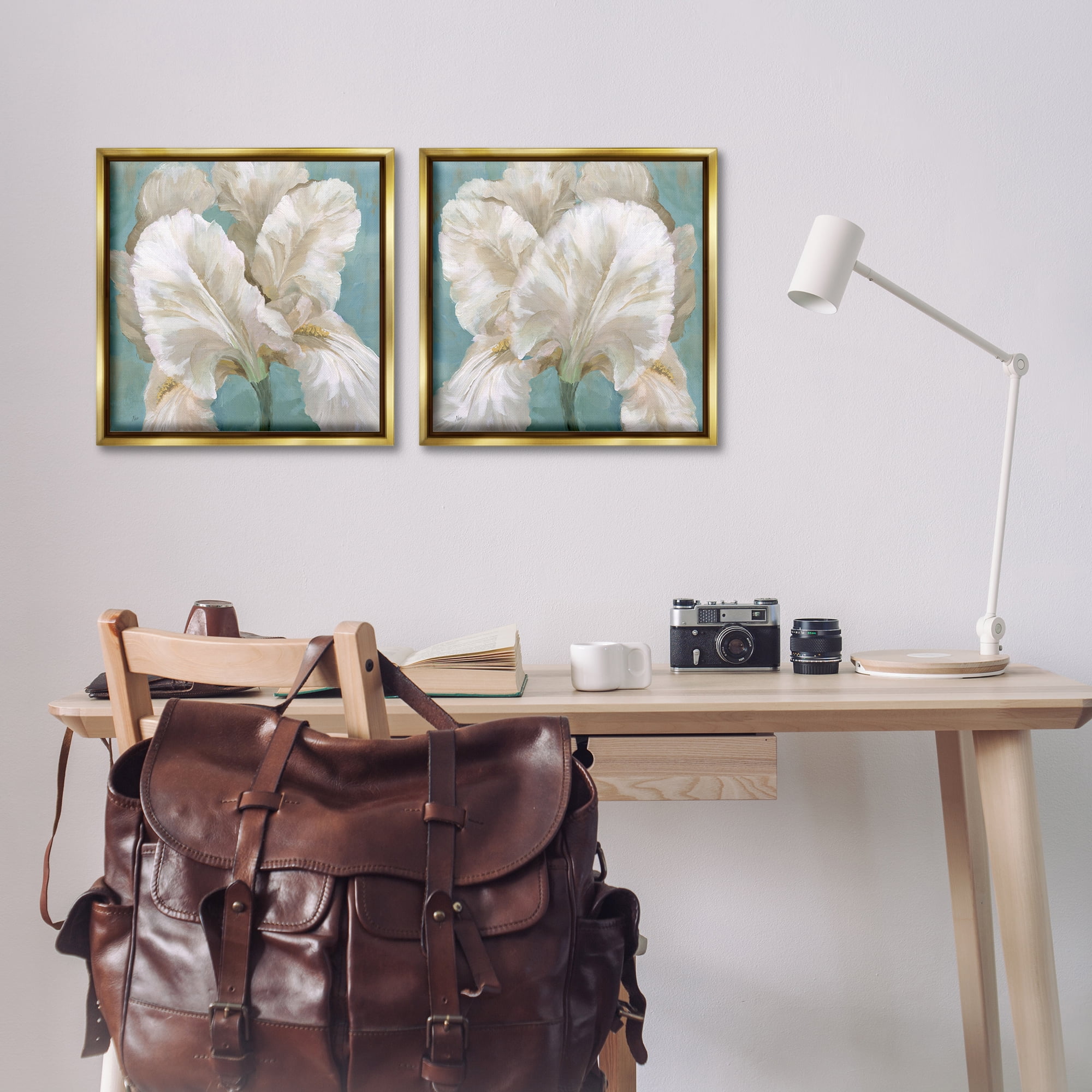 Stupell Industries White Iris Flower Plants & Flowers Painting Gold Floater Framed Canvas Art Print Wall Art, 18 x 18, Set of 2