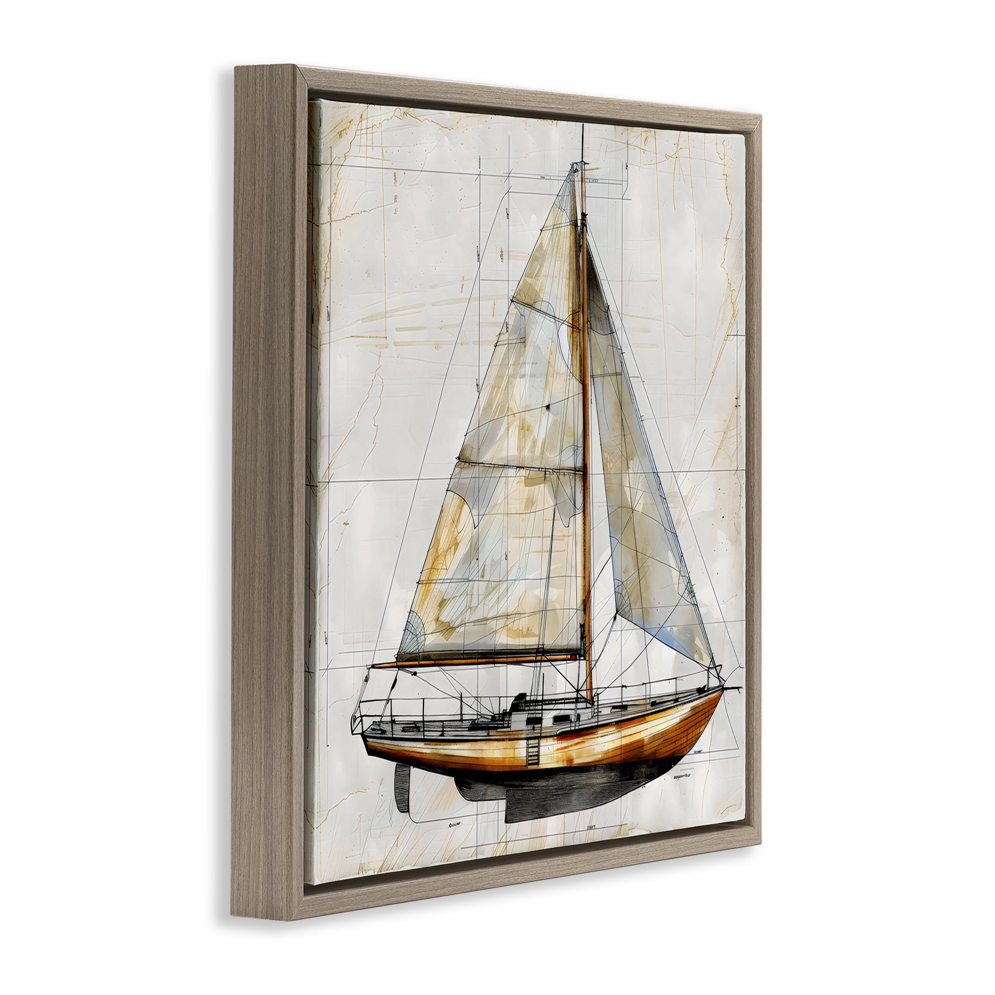 Stupell Industries Vintage Sailboat Drawing Blueprint Brown Framed Floater Canvas Wall Art, design by Creative Studio