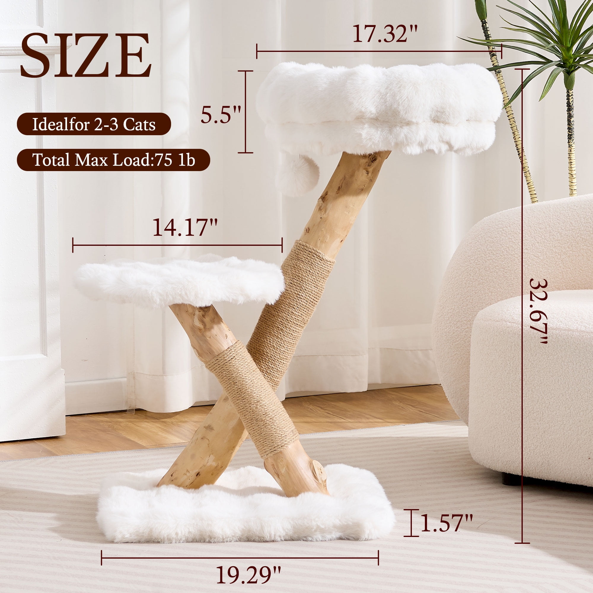 HITTITE Natural Solid Wood Cat Tree Tower with Scratching Post, 32 Inches Tall Modern Cat Tower with Cozy Bed and Platforms, Luxury Real Branch Cat Tree for Indoor Cats Large Adult, White.