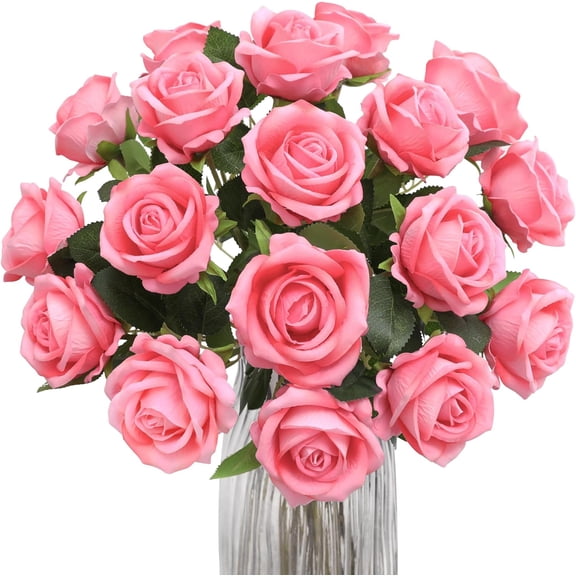 12PCS Artificial Flowers Fake Roses, Realistic Velvet Long Stem Red Roses Bouquet for Wedding Centerpiece Home Decor Party & Valentines (Pink)