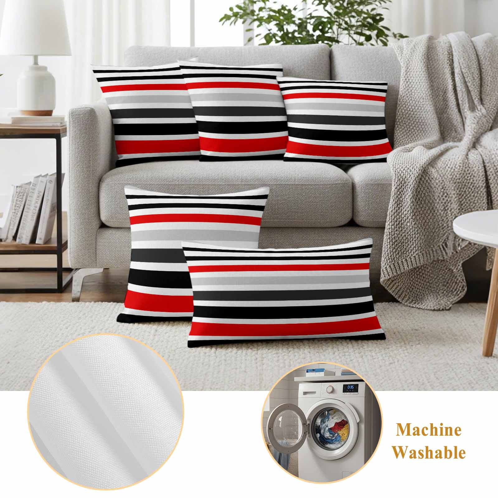 Red Black Stripe Outdoor Waterproof Pillow Covers, Modern Abstract Coarse Striped Decorative Square Throw Pillowcase Sofa Cushion Sham for Patio/Couch/Chair, 18"x18" 2 Pack