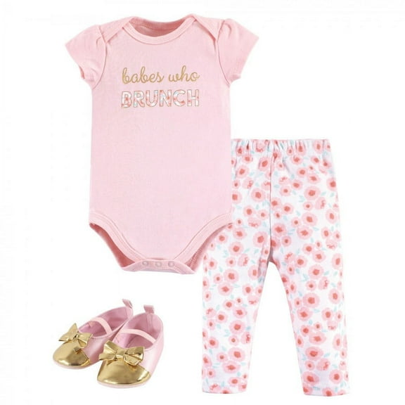 Little Treasure Baby Girl Cotton Bodysuit, Pant and Shoe 3pc Set, Brunch, 0-3 Months