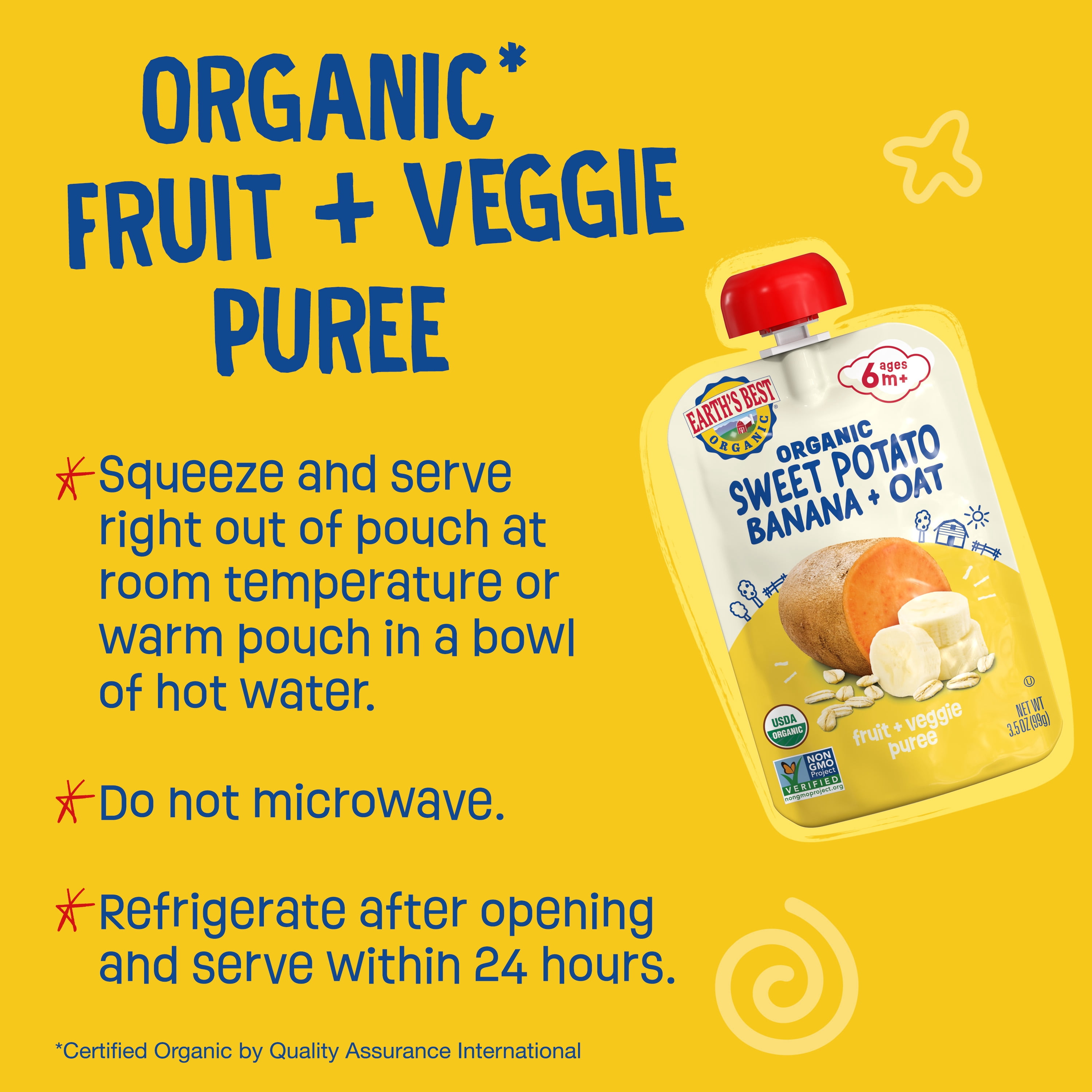Earth's Best Organic Stage 2 Baby Food, Sweet Potato Banana Oat Fruit & Veggie Puree, 3.5 oz Pouch