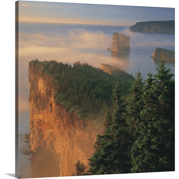 Great BIG Canvas | "Perce Rock And The Three Sisters In Fog At Sunrise, Gaspe Peninsula, Quebec, Canada" Canvas Wall Art - 24x24