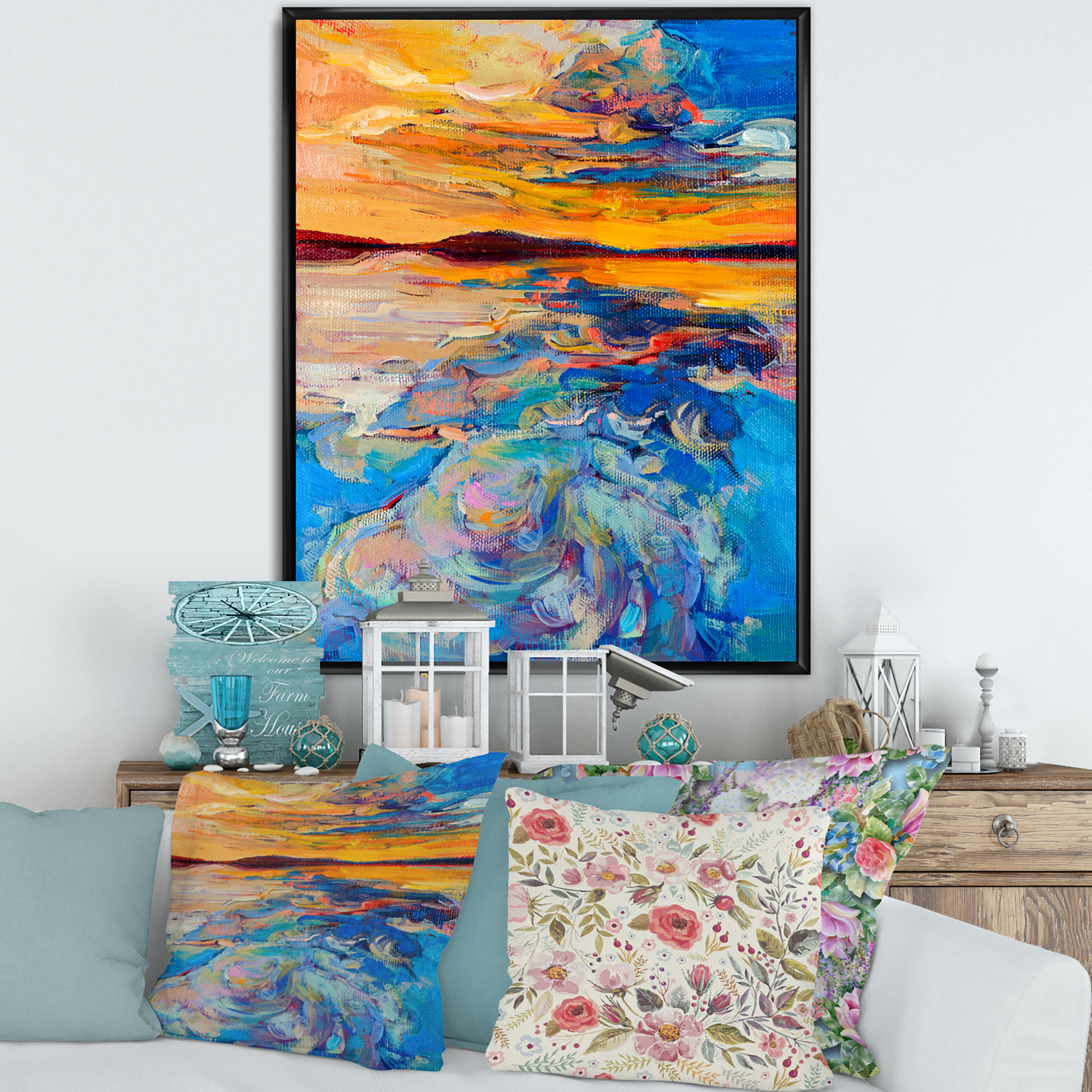 Designart 'Whirly Blue Waves Under Orange Sunset' Nautical & Coastal Framed Canvas Wall Art Print