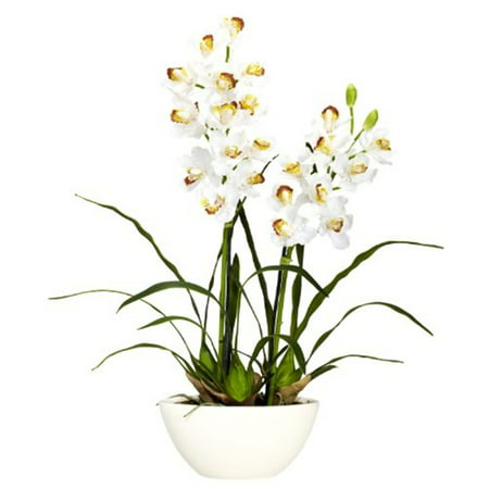 Nearly Natural Cymbidium with White Vase Silk Flower Arrangement Nearly Natural Cymbidium w/White Vase Silk Flower Arrangement