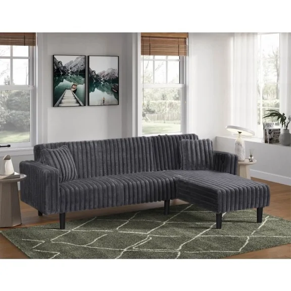 Gray Corduroy Reversible Sectional Sofa Bed with USB & Pillows, Modern Living Room Convertible L-Shaped Couch