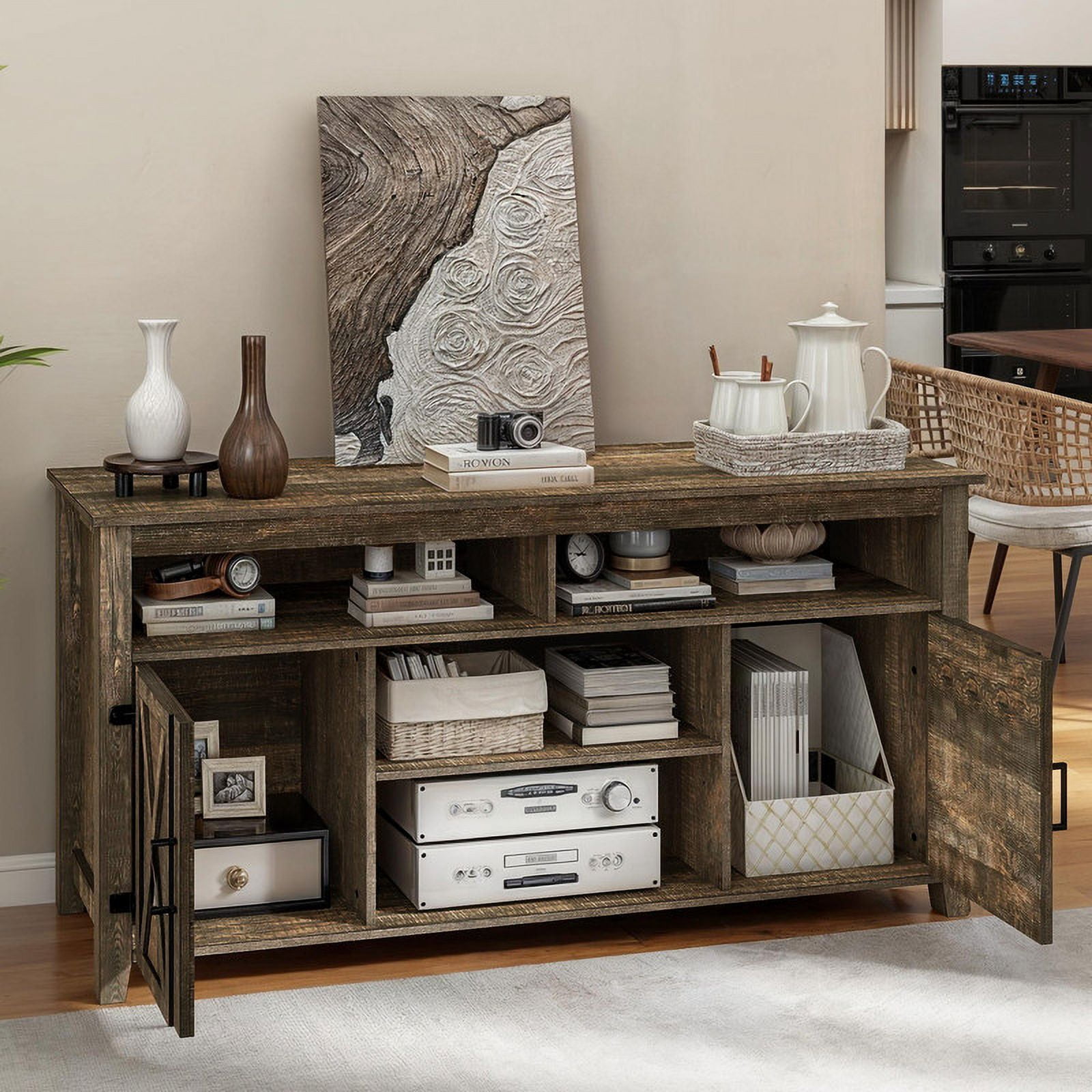 Uforic Farmhouse TV Stand for 65 Inch TV, Barn Door Entertainment Center, Rustic Brown
